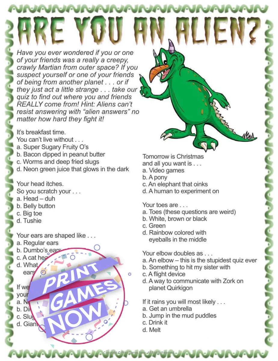 Are You An Alien Childrens Party Game Quiz