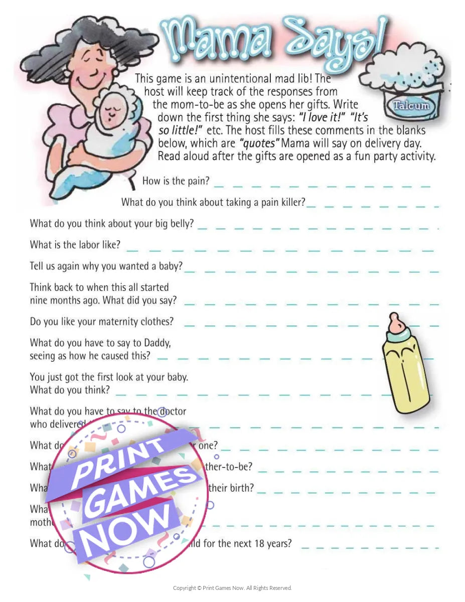 Baby Shower Mama Says Mad Libs Party Game