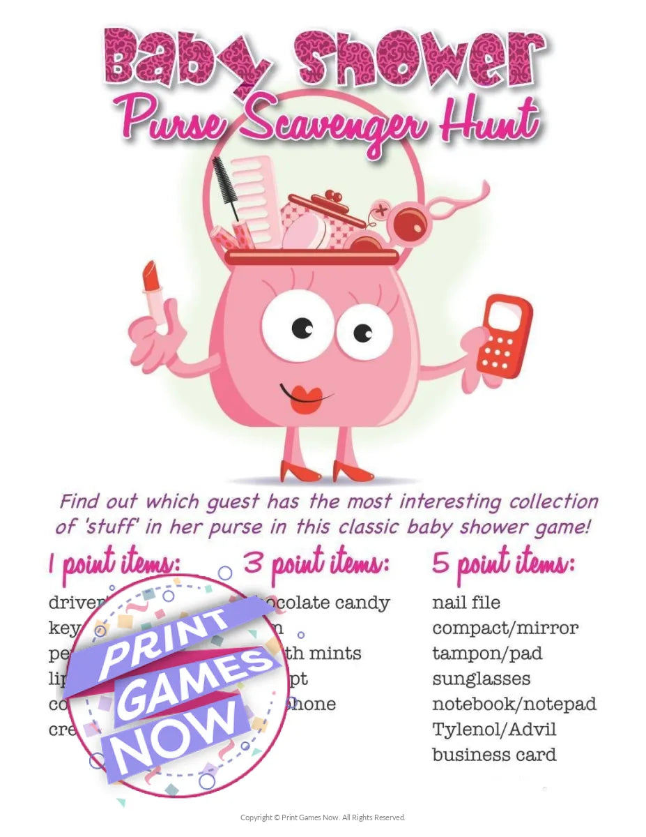 Baby Shower Purse Scavenger Hunt Party Game