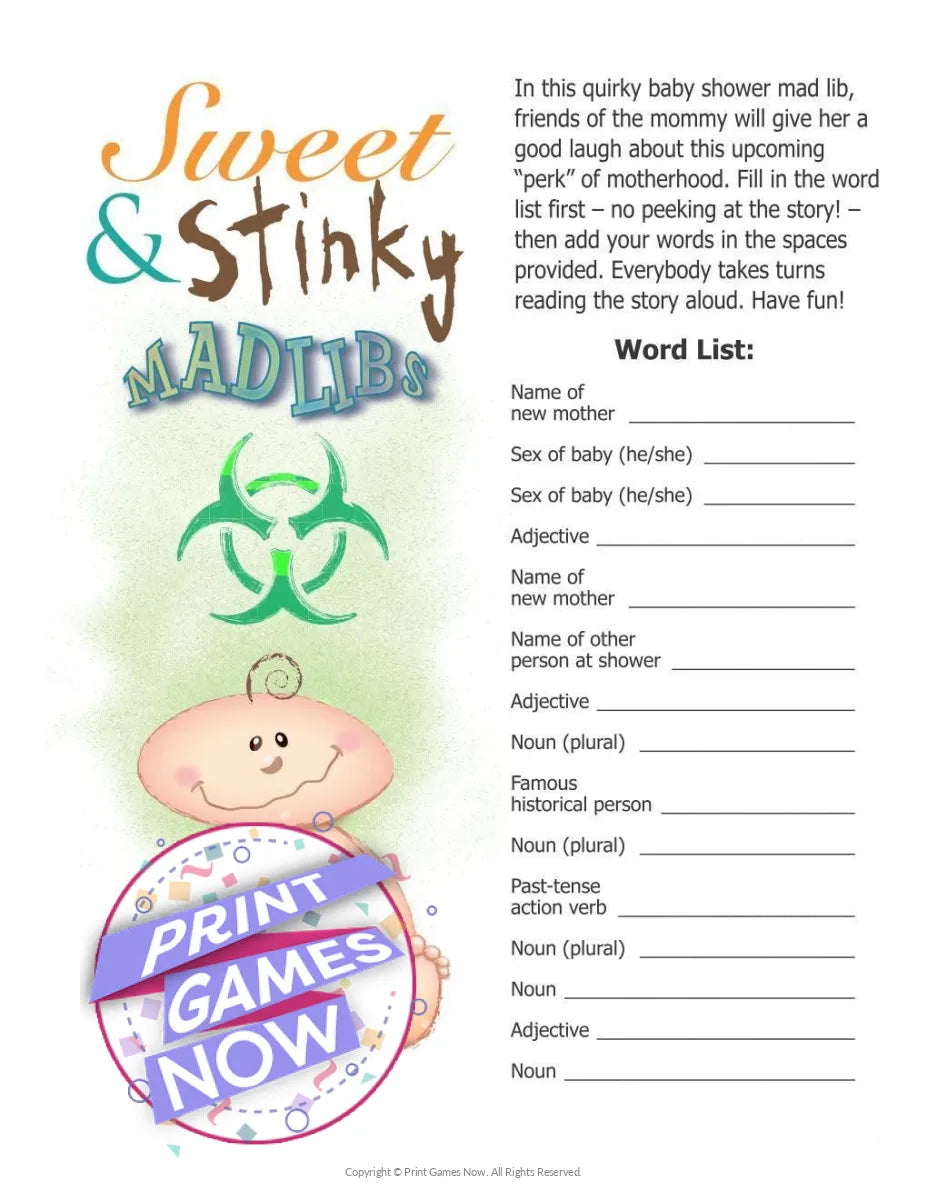 Baby Shower Sweet and Stinky Mad Libs Party Game