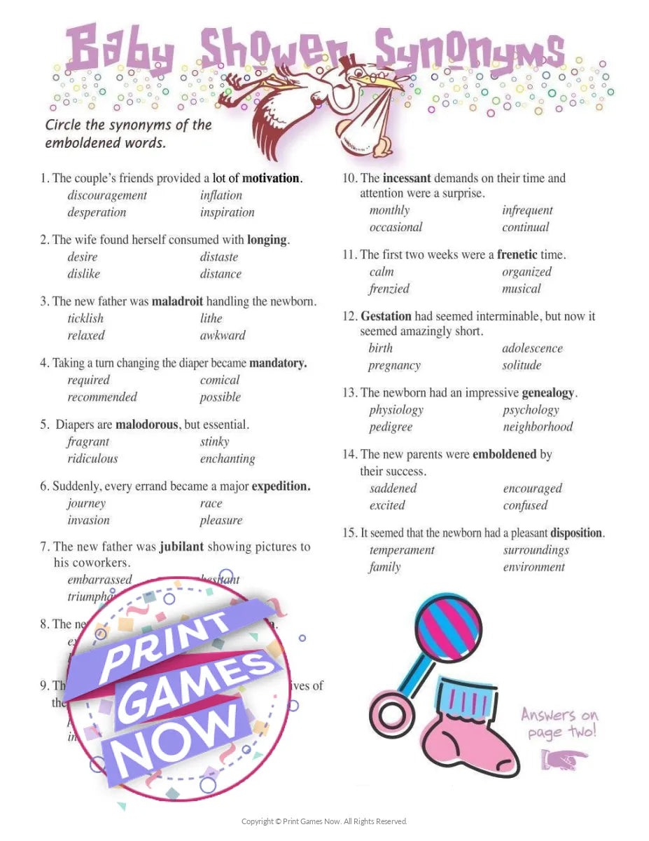 Baby Shower Synonyms Quiz Party Game
