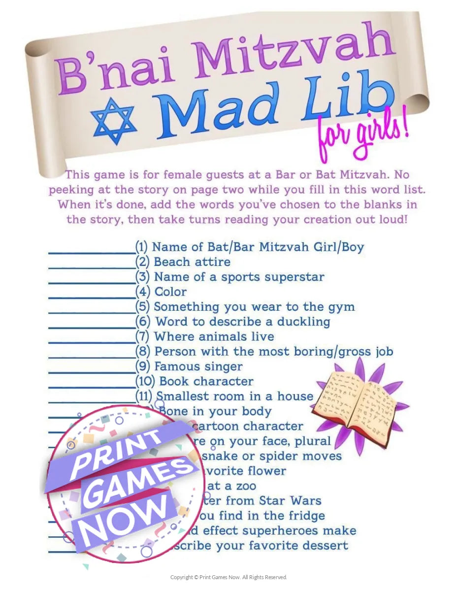 Bar & Bat Mitzvah Mad Libs for Girls Party Game
