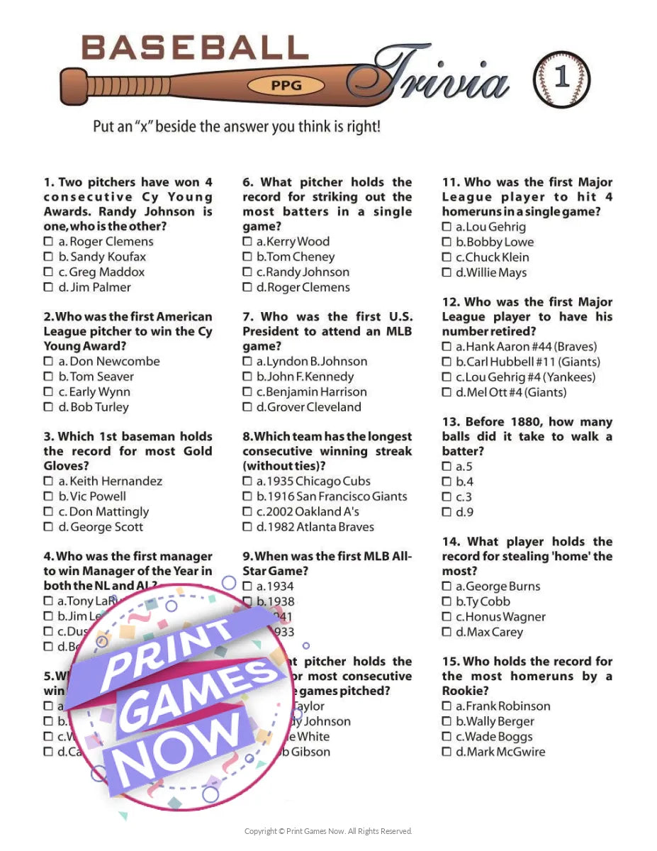 Baseball Trivia Party Game