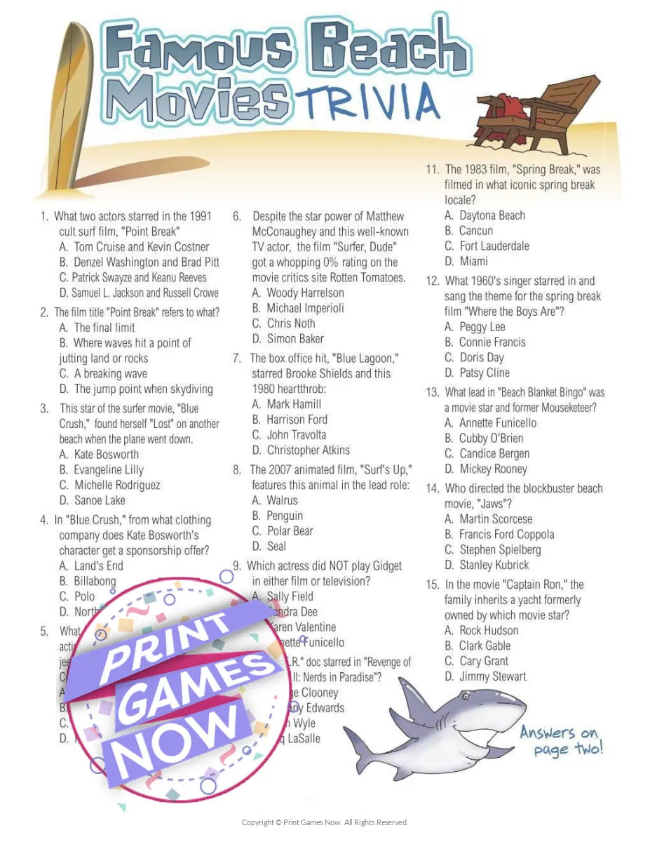 Beach Games Famous Beach Movies Trivia Party Game