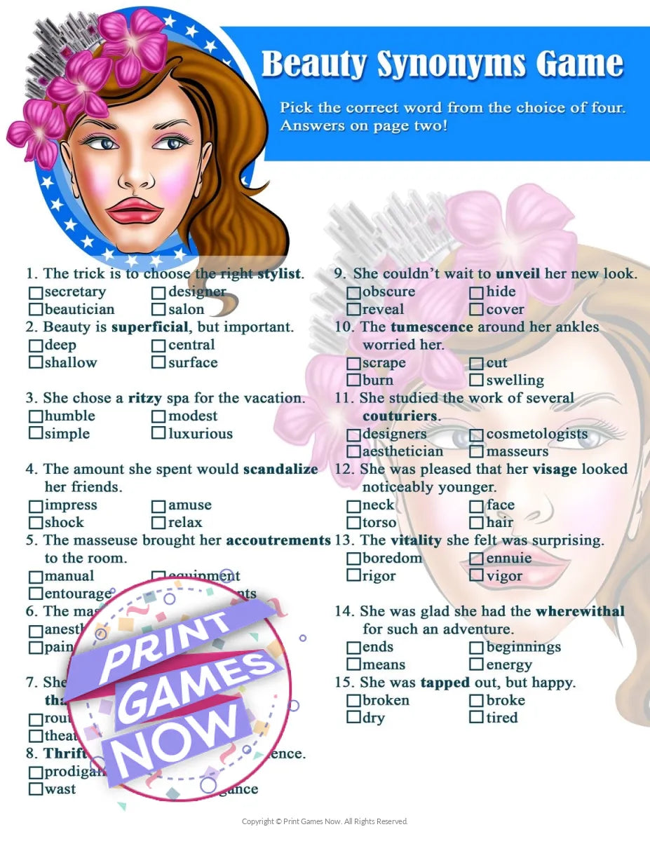 Beauty Synonyms Party Game