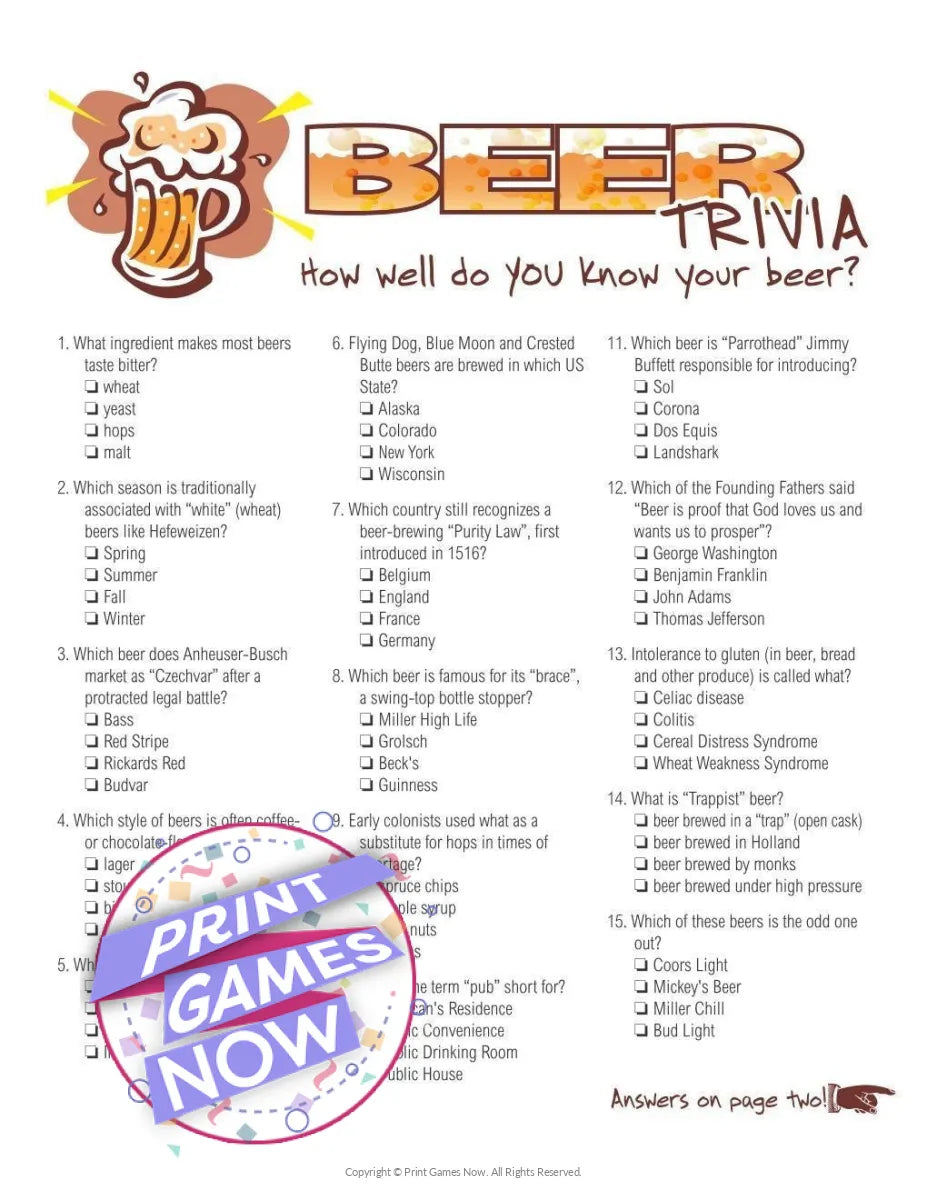 Beer Facts Trivia Multiple Choice Party Game