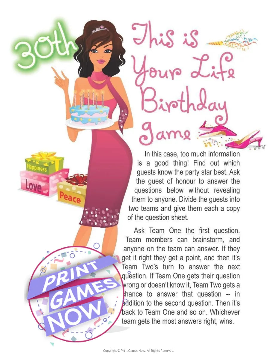 Birthday 30 Years Old - This Is Your Life Party Game