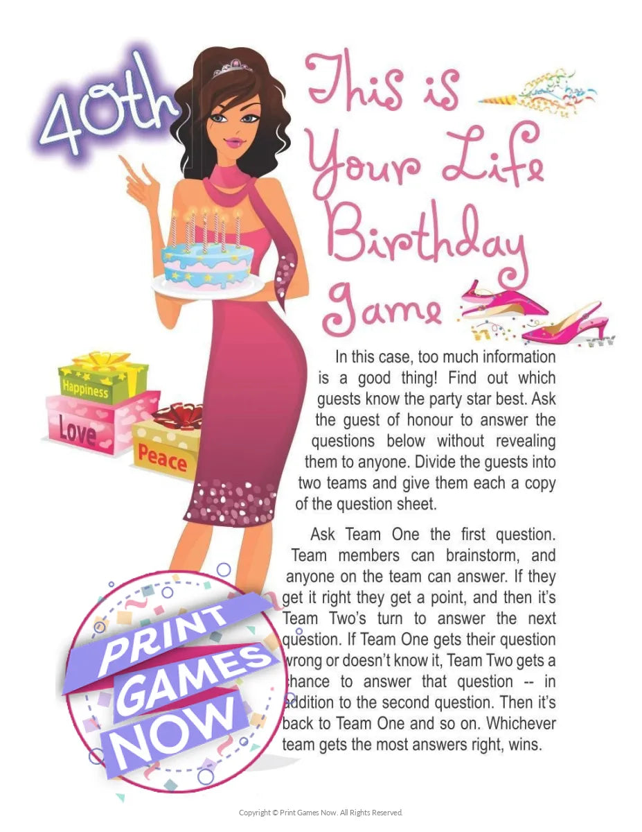 Birthday 40 Years Old - This Is Your Life Party Game