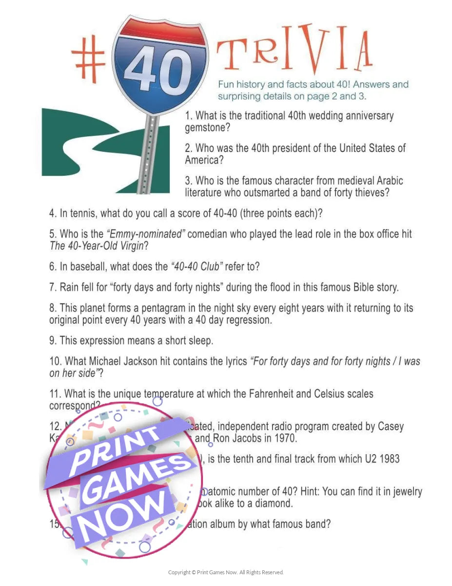 Birthday Number 40 Trivia Party Game