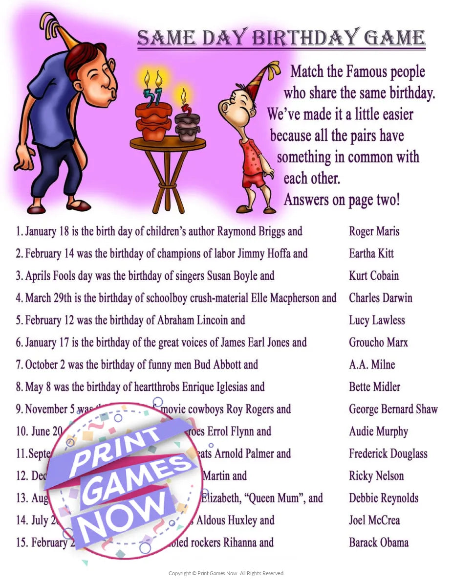 Birthday Same Day Game Party Game