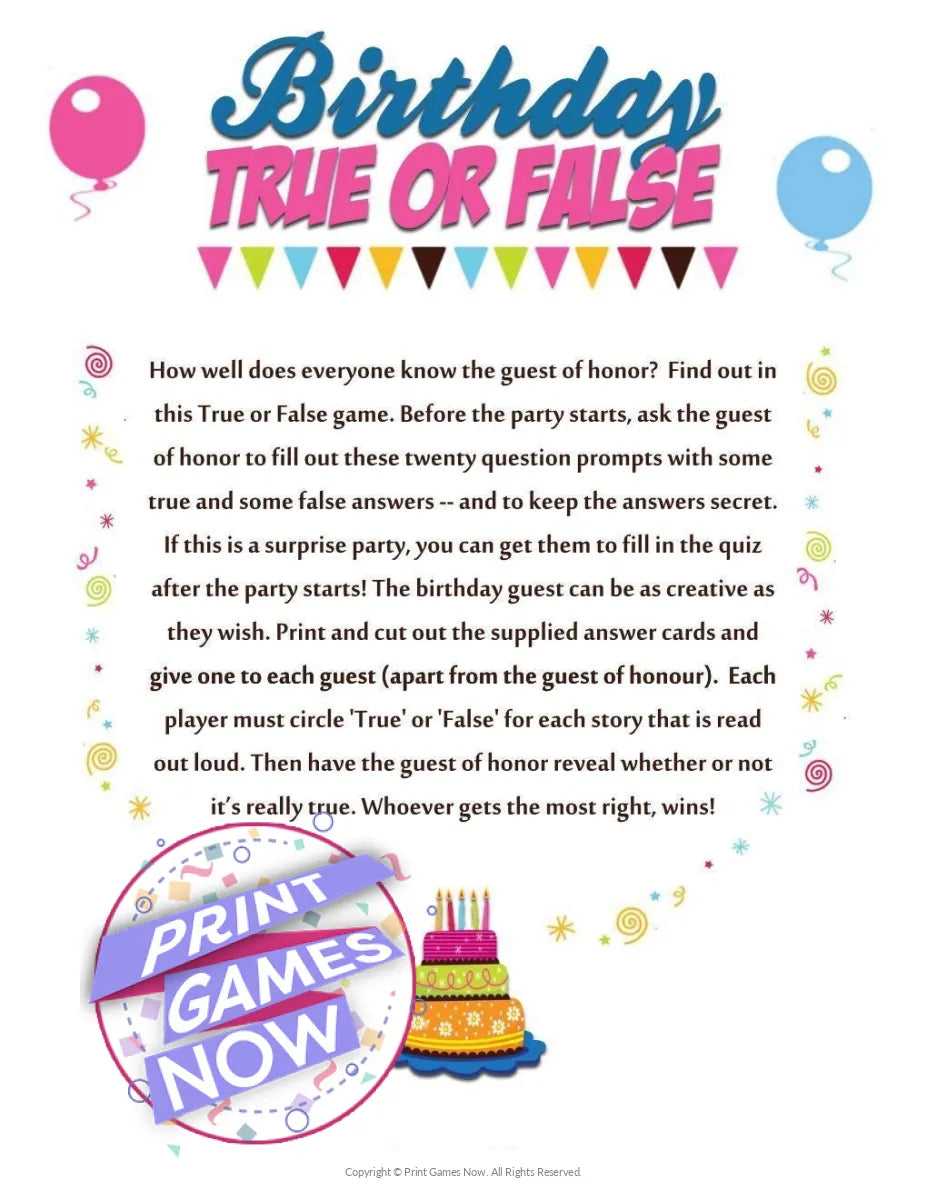 Birthday True or False Party Game