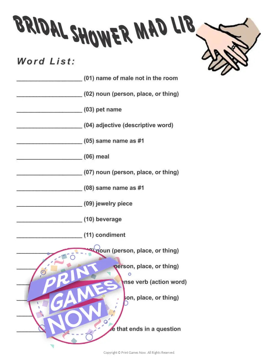 Bridal Shower Mad-Libs Party Game