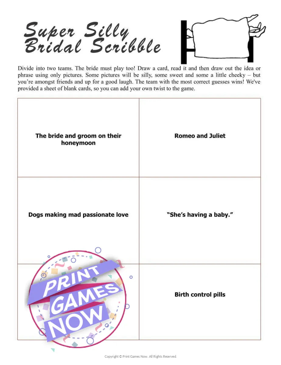 Bridal Shower Super Silly Bridal Scribble Party Game