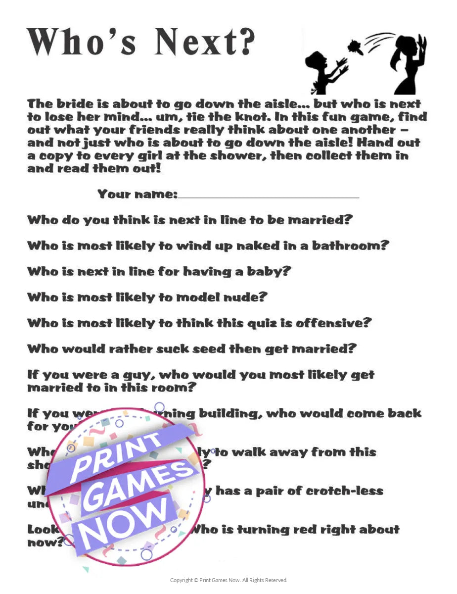 Bridal Shower Whos Next Bridal Shower Party Game