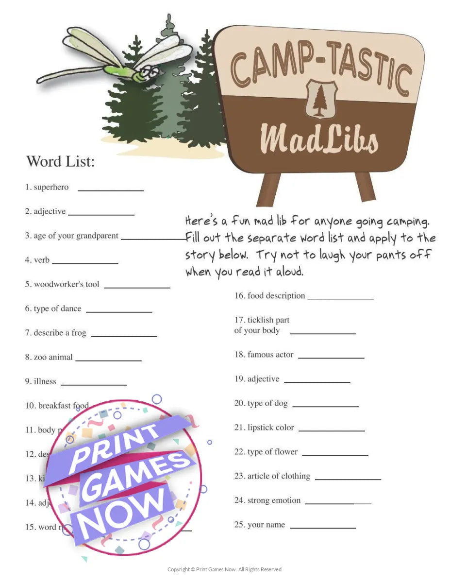 Camping Games Camp-Tastic Mad Libs Party Game