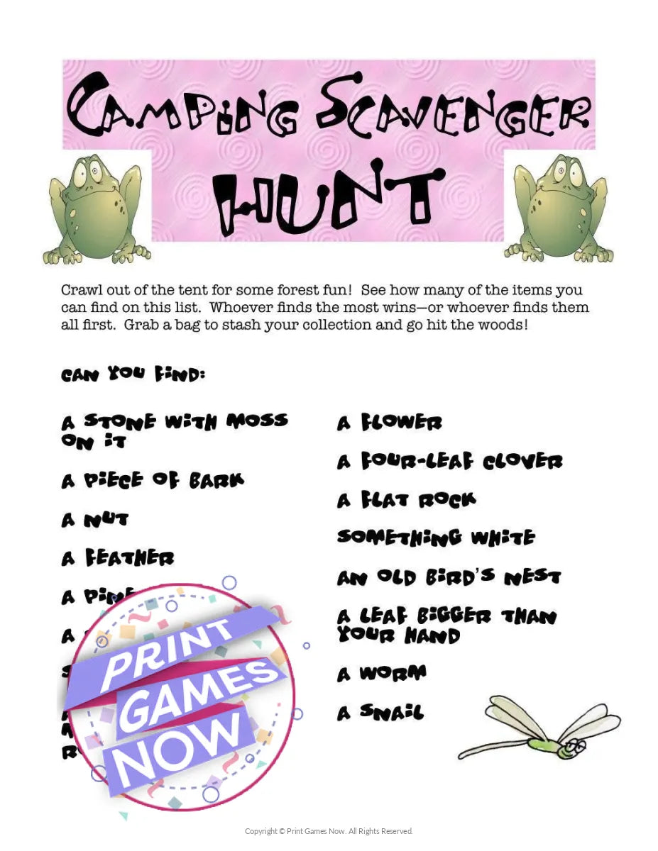 Camping Games Scavenger Hunt Party Game