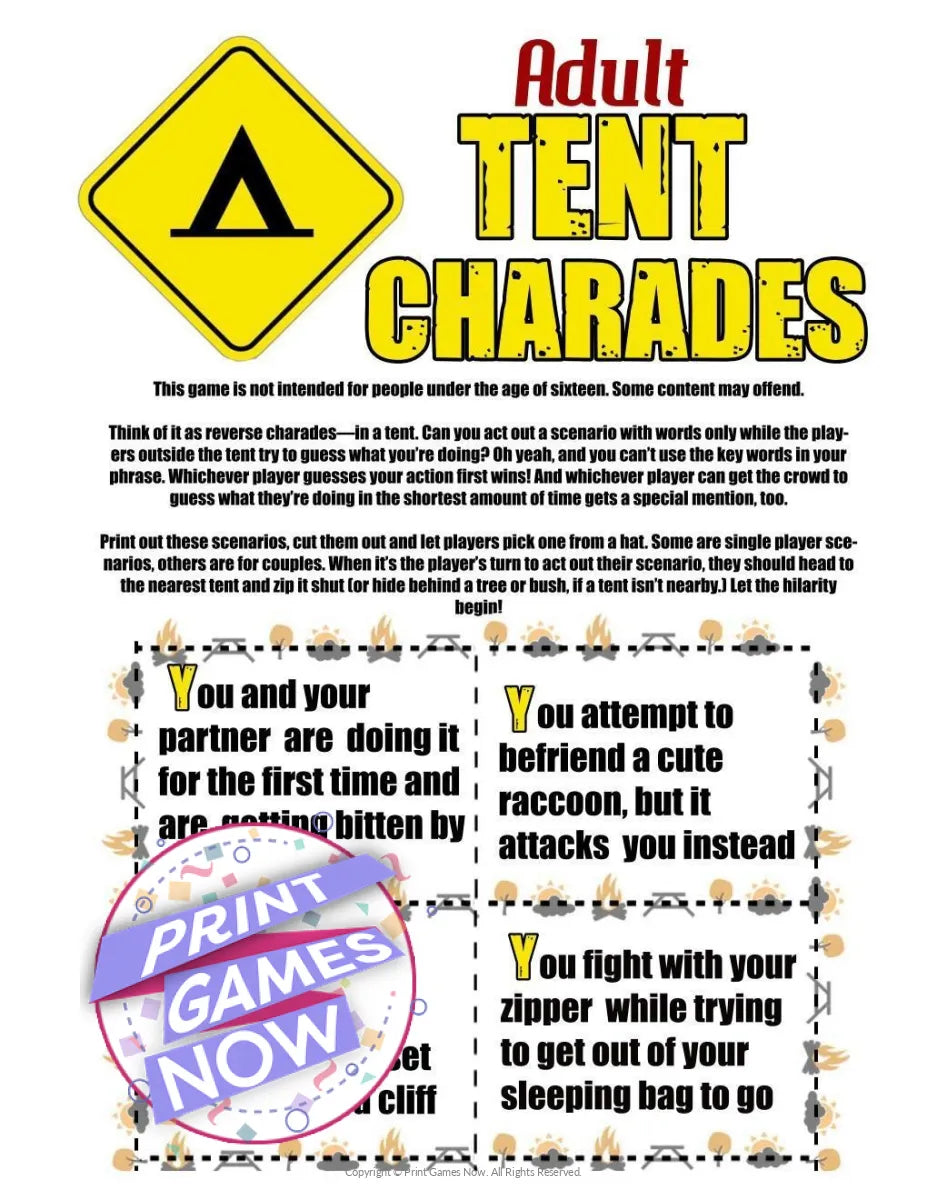 Camping Games Tent Charades For Adults Party Game