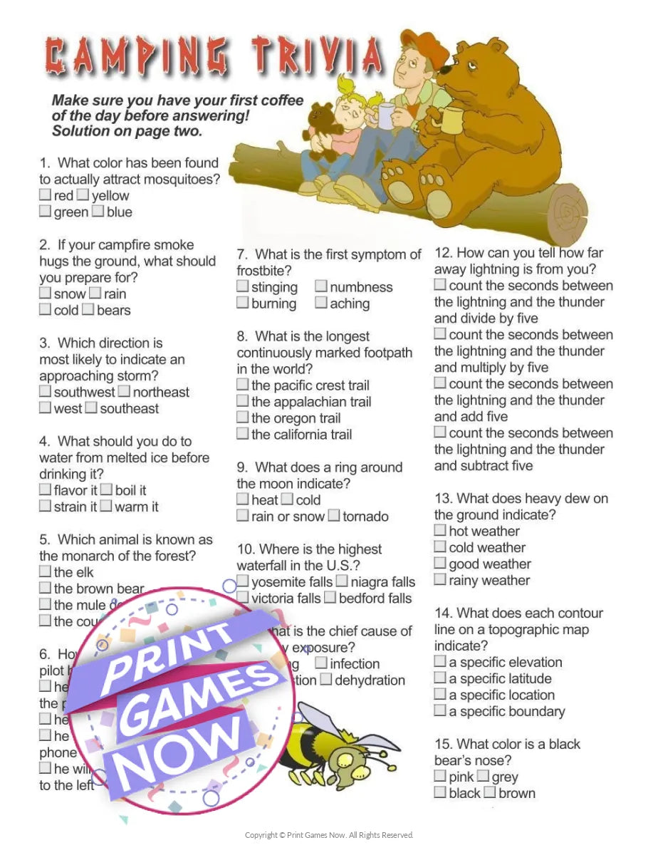 Camping Games Camping Trivia Party Game