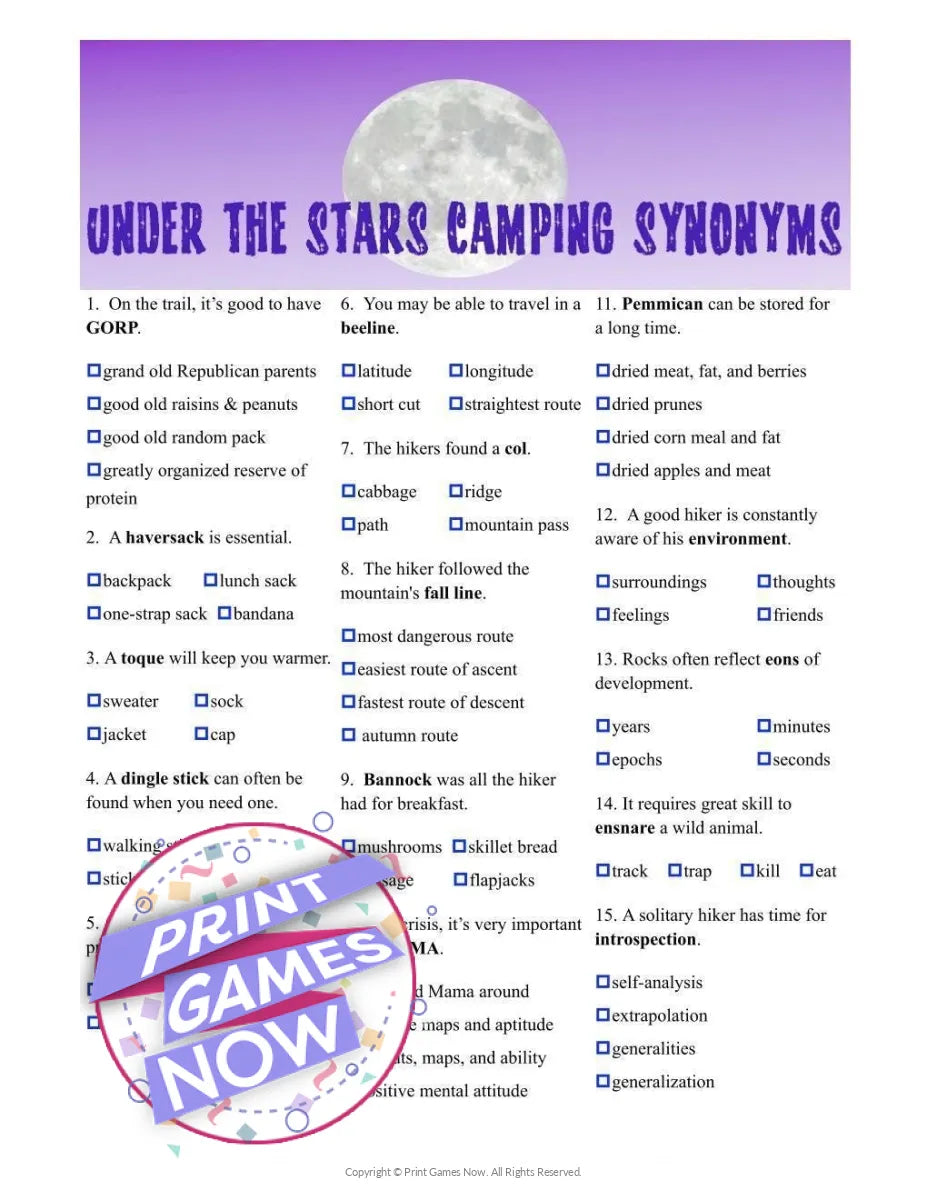 Camping Games Under The Stars Synonyms Party Game