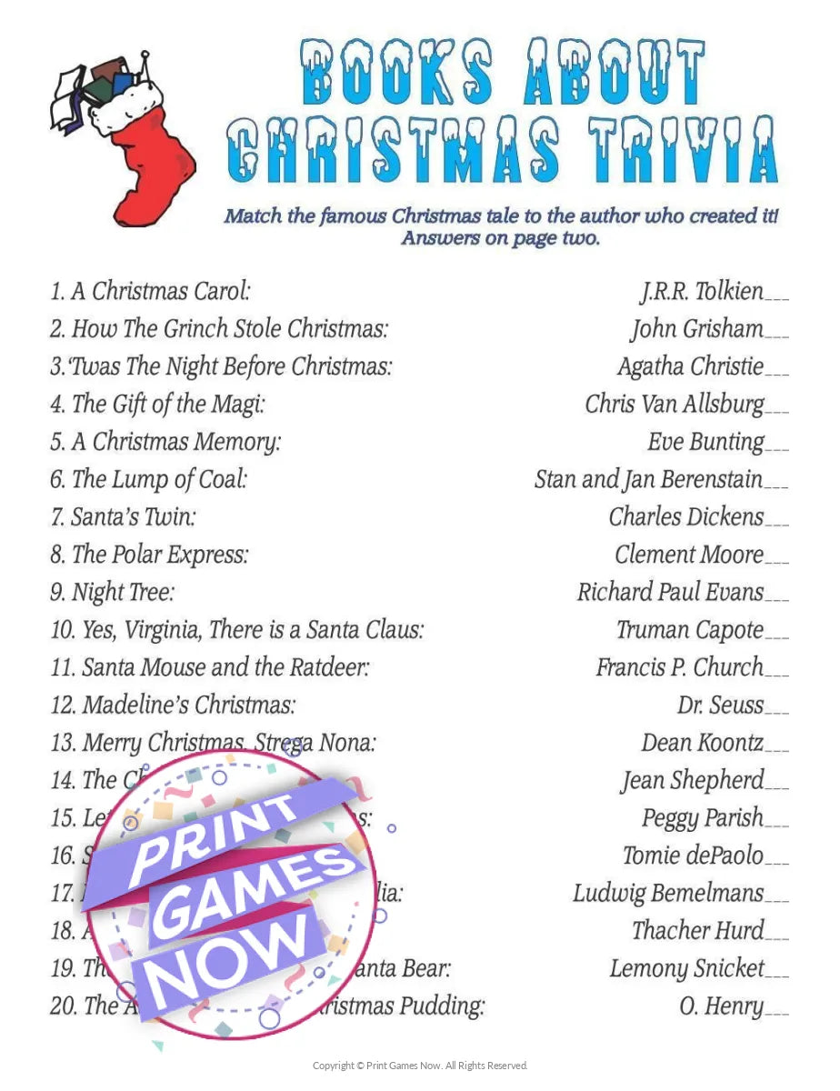 Christmas Books Trivia Match Party Game