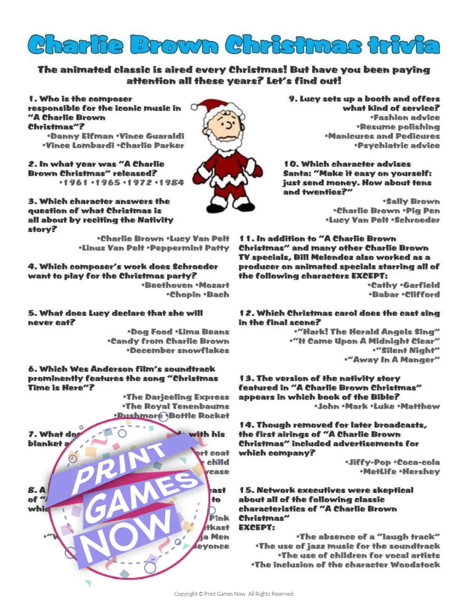 Christmas Charlie Brown Trivia Party Game