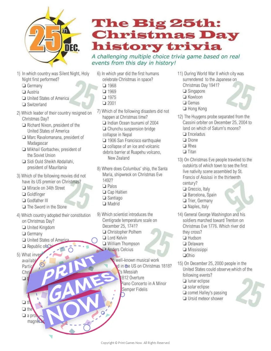 Christmas December 25th Trivia Party Game