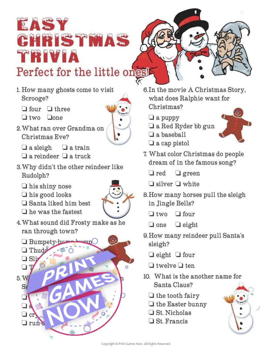 Christmas Easy Trivia For Kids Party Game