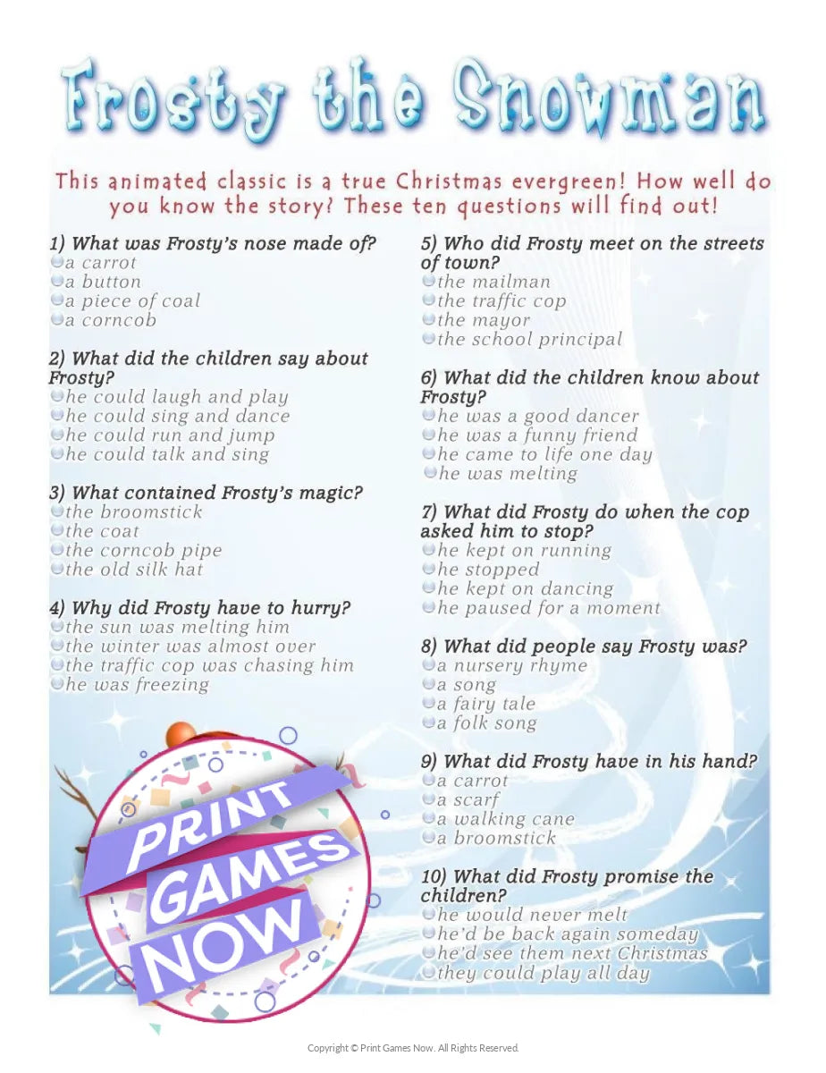 Christmas Frosty the Snowman Trivia Party Game
