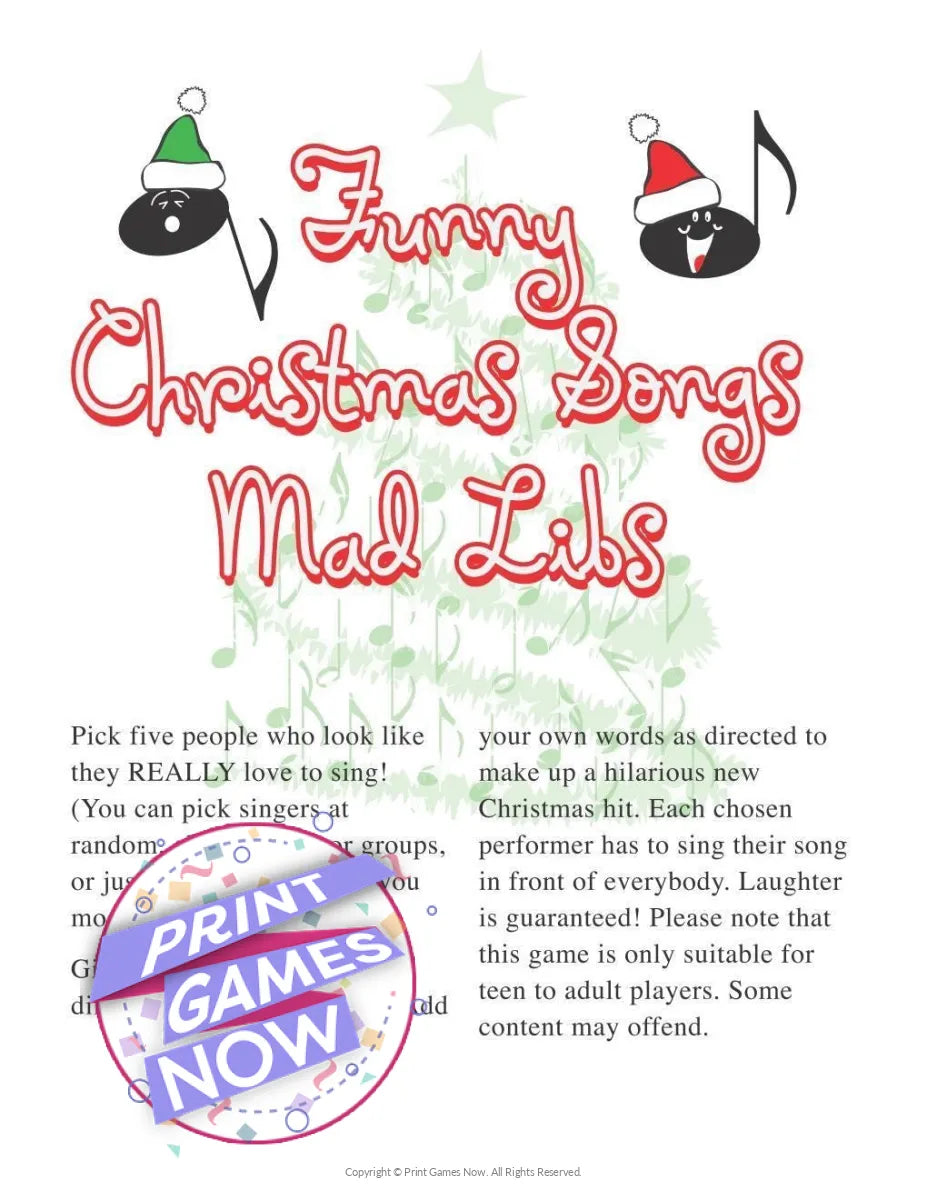 Christmas Funny Songs Mad Libs Party Game