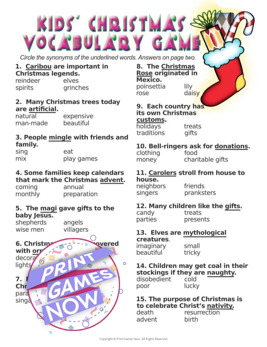 Christmas Kids Vocabulary Party Game