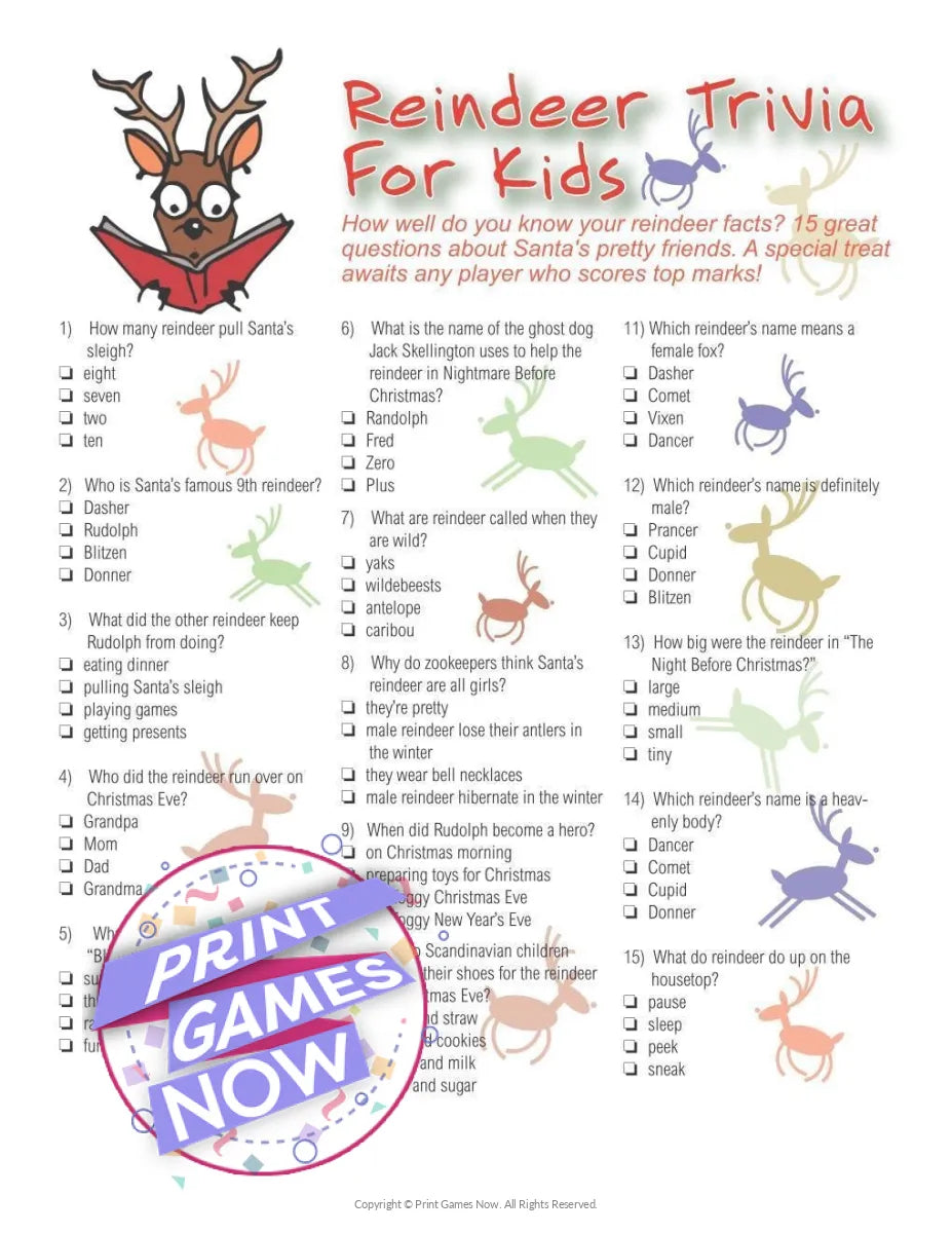 Christmas Reindeer Trivia For Kids Party Game