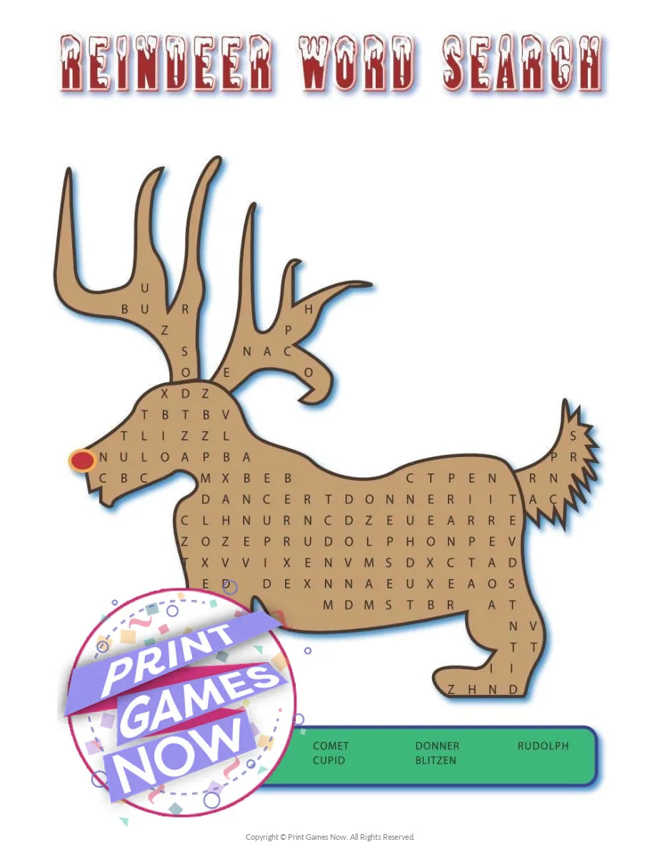 Christmas Reindeer Word Search Party Game