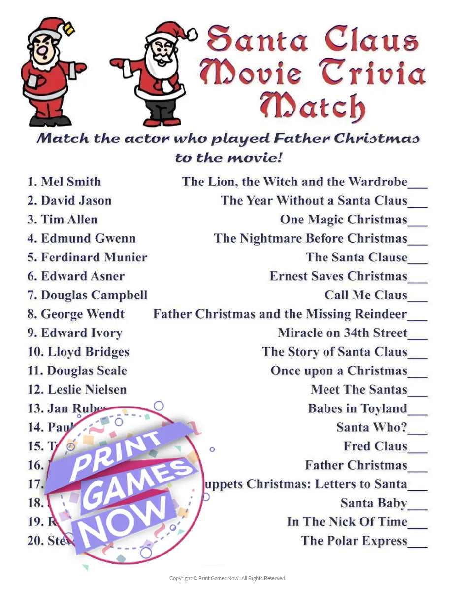 Christmas Santa Claus Movie Match Party Game