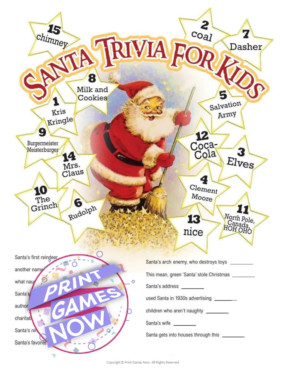 Christmas Santa Claus Trivia For Kids Party Game