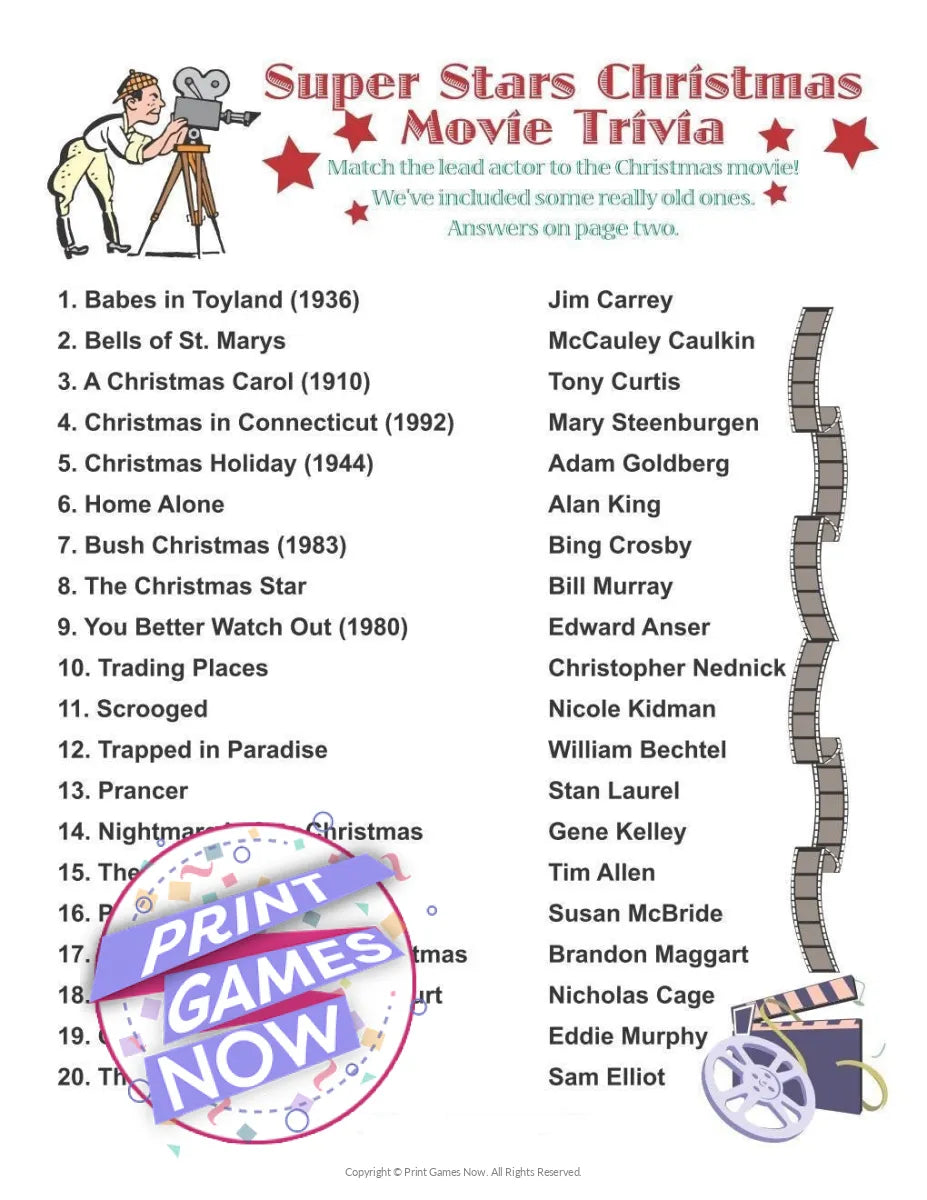 Christmas Super Stars Movies Trivia Party Game