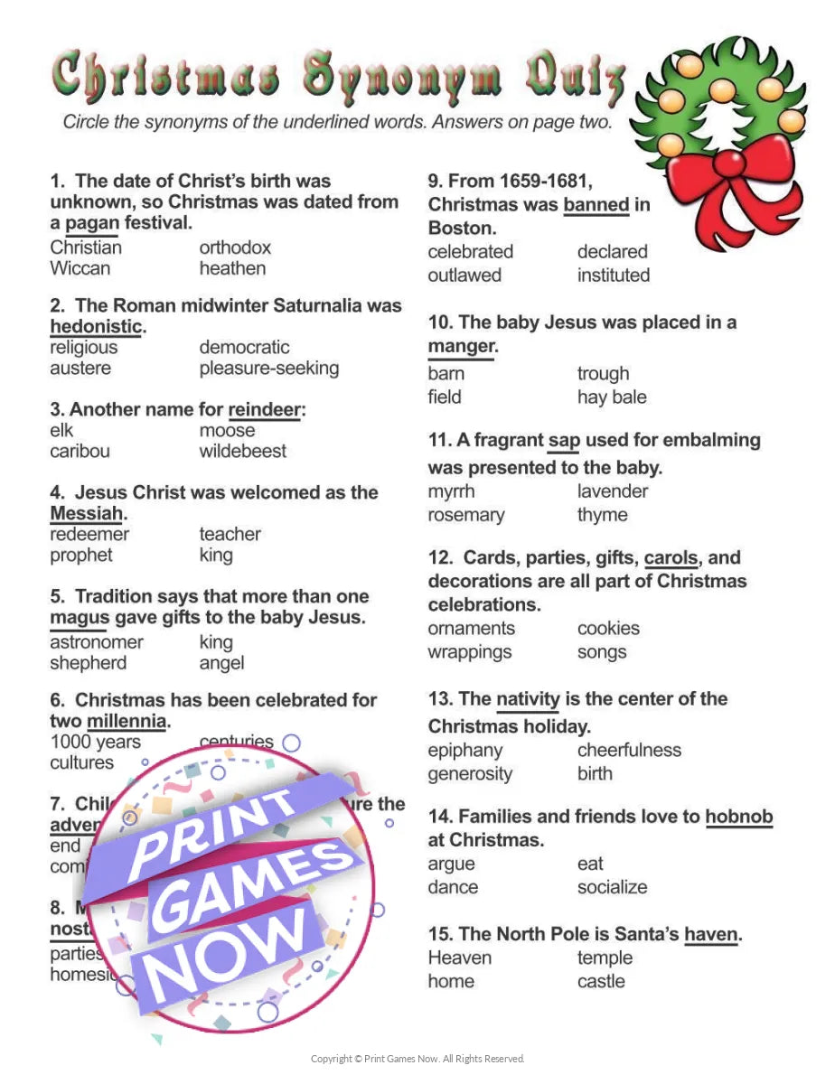 Christmas Synonyms Worksheet Quiz Party Game