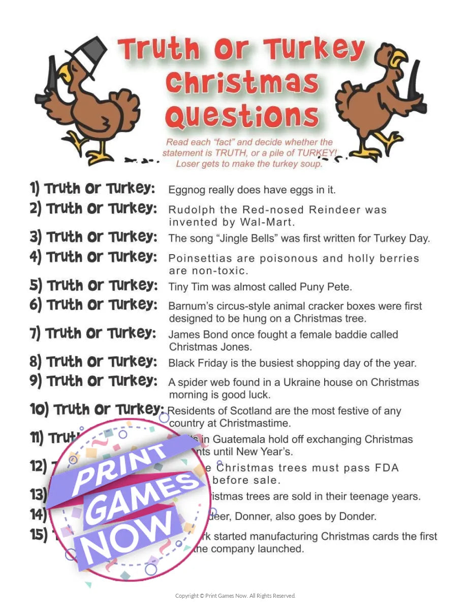 Christmas Truth or Turkey? Trivia Party Game