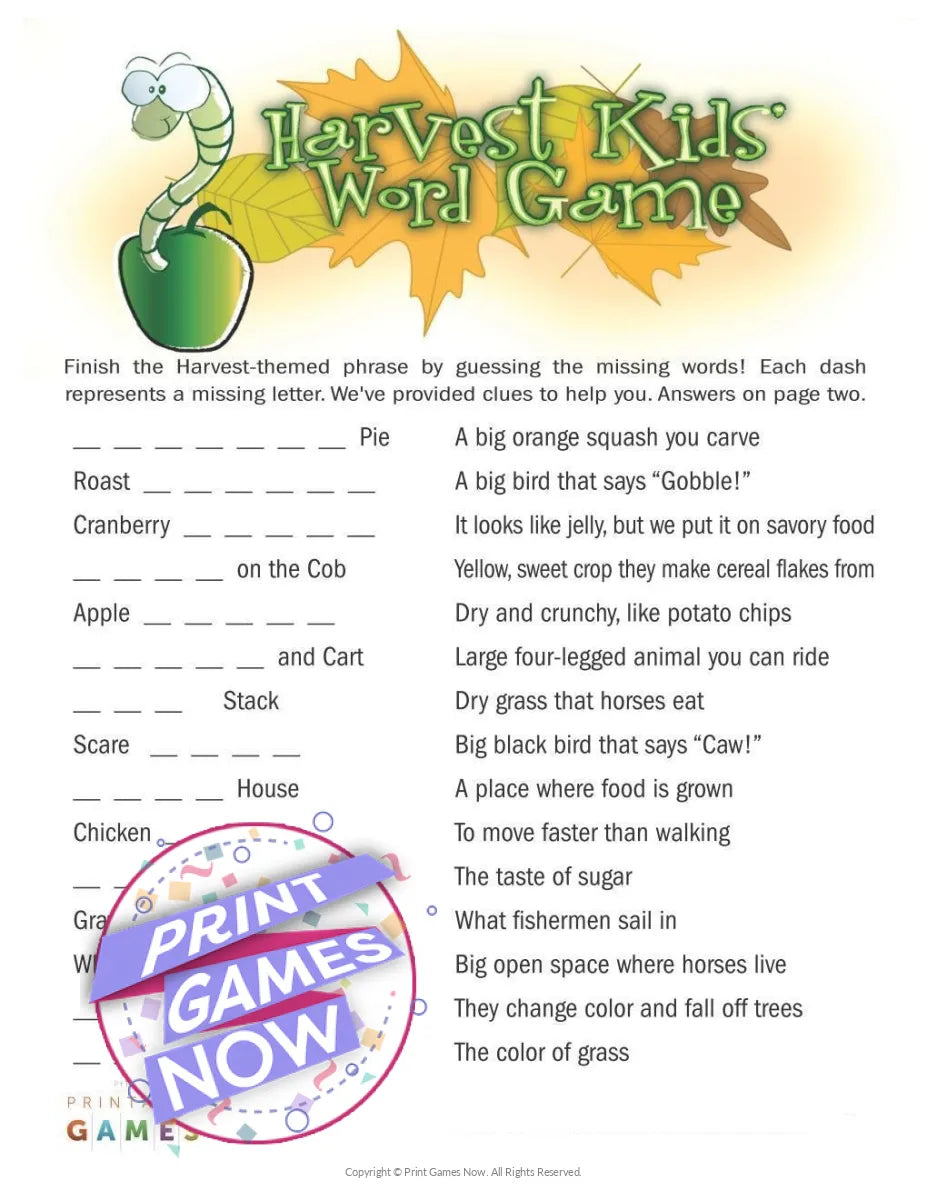 Fall Harvest Kids Word Party Game