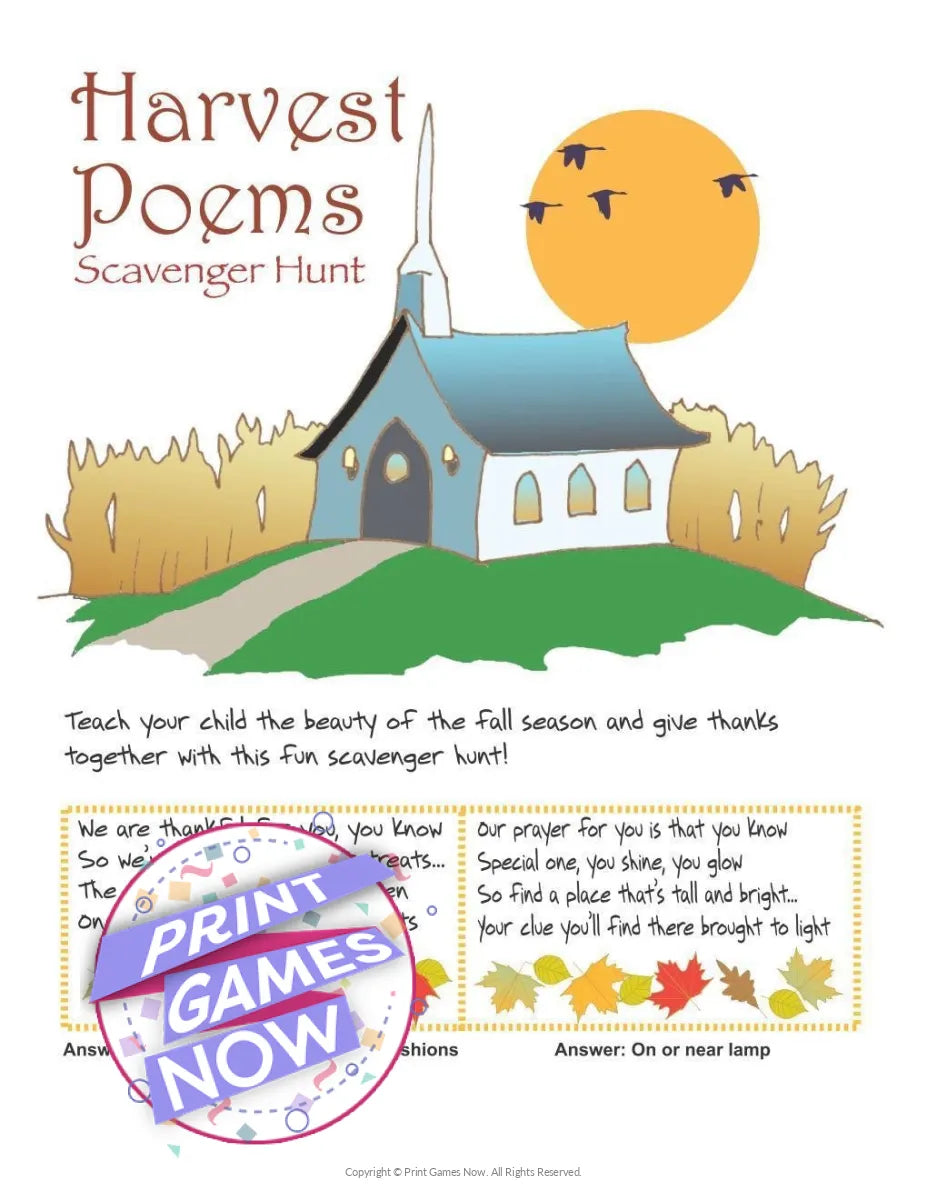 Fall Harvest Poems Scavenger Hunt Party Game