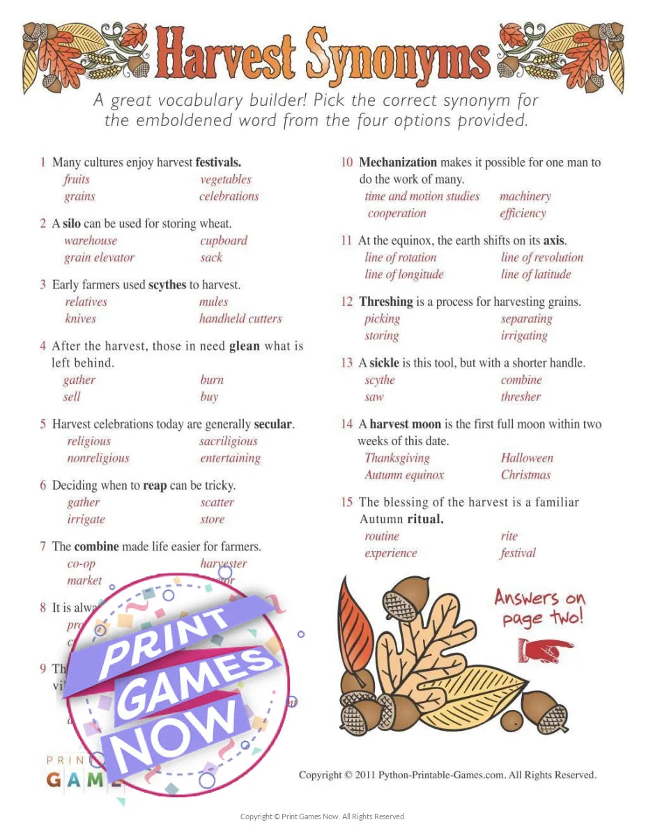 Fall Harvest Synonyms Party Game
