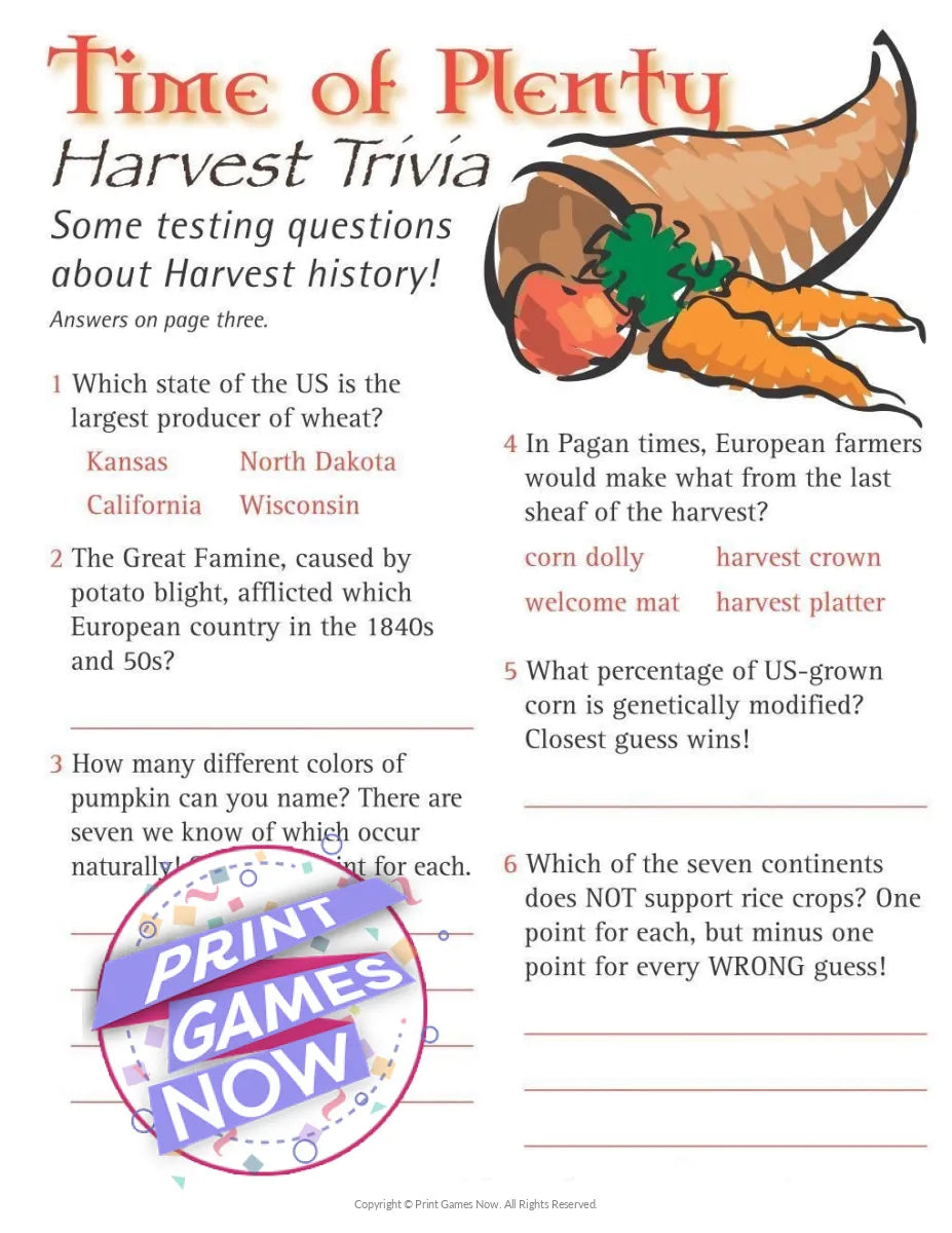 Fall Harvest Time of Plenty Harvest Trivia Party Game