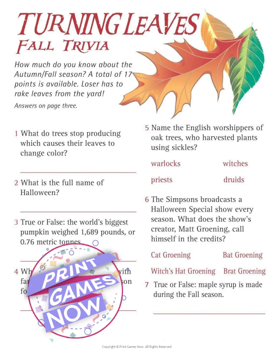 Fall Harvest Turning Leaves Fall Trivia Party Game