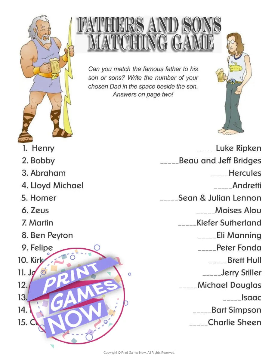 Fathers Day Fathers and Sons Matching Trivia Party Game