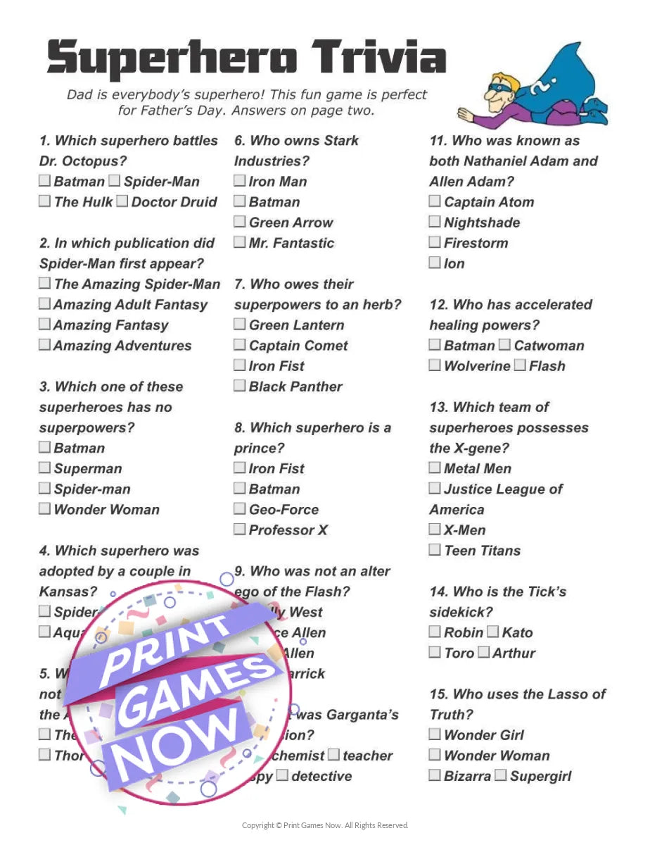 Fathers Day Super Hero Trivia Party Game