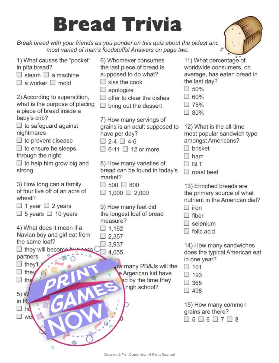 Food & Drinks Bread Trivia Party Game