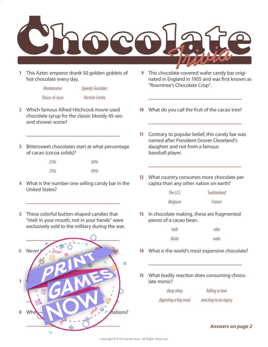 Food & Drinks Chocolate Trivia  Party Game