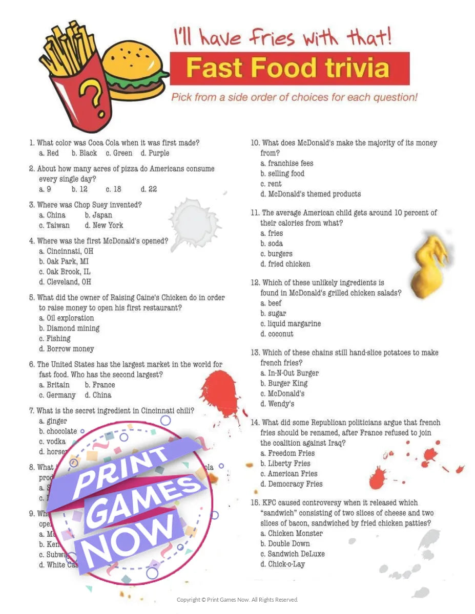 Food & Drinks Fast Food Trivia Party Game