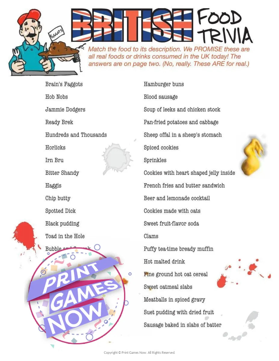 Food & Drinks Nasty British Food Trivia Party Game