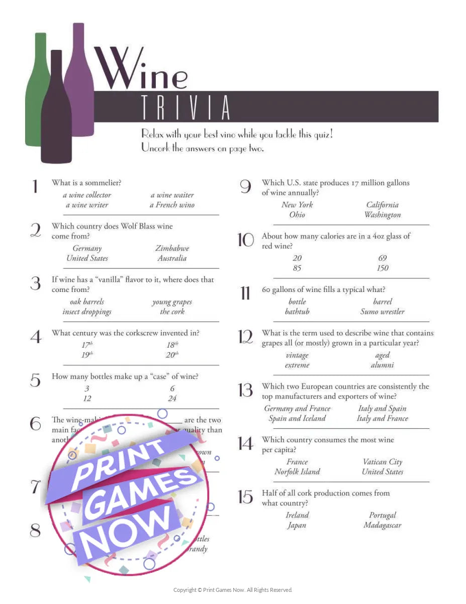 Food & Drinks Wine Trivia Party Game