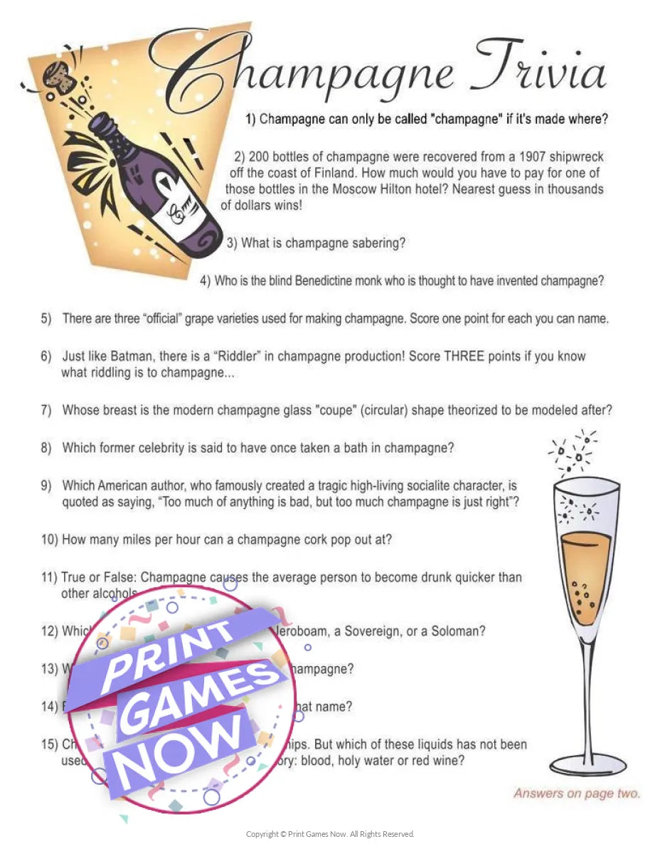 Foods & Drinks Champagne Trivia  Party Game